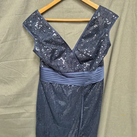NAVY SEQUIN EVENING DRESS WITH SATIN WAISTBAND – WOMEN'S FORMALWEAR - SIZE 14
