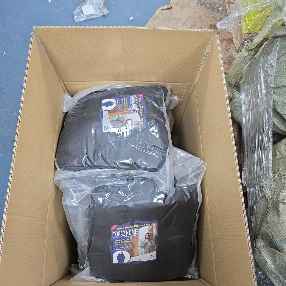 TOPAZ HOME ULTRA PLUSH BLANKET HOODIE – ONE SIZE FITS ALL BLACK HOODIE BOX OF 10 ITEMS.