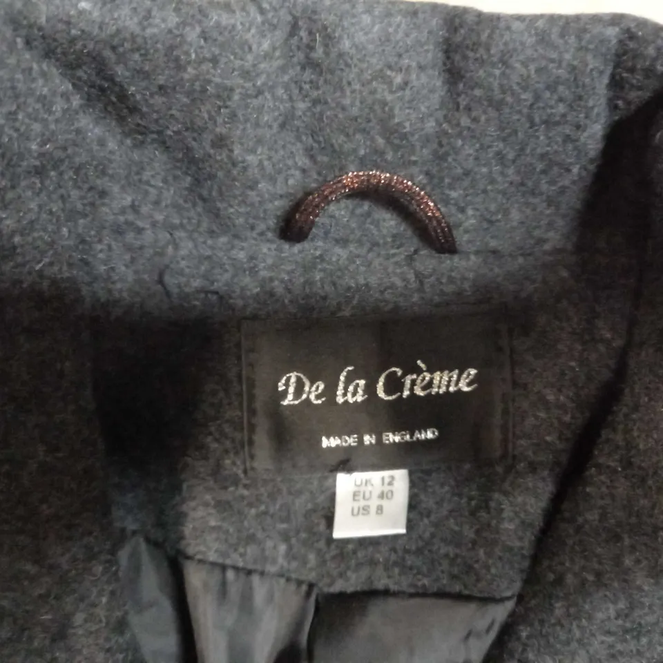 DE LA CREME LONG GREY COAT WITH SILVER BUTTONS - SIZE 12
