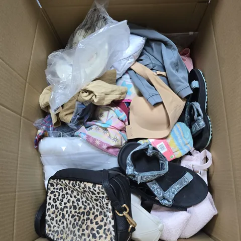 BOX OF APPROXIMATELY 30 ASSORTED CLOTHING ITEMS IN VARIOUS STYLES , COLOURS AND SIZES 