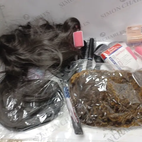 BOX OF ASSORTED COSMETIC ITEMS TOO INCLUDE WIGS , HAIR BRUSHES AND TRAVEL BAGS