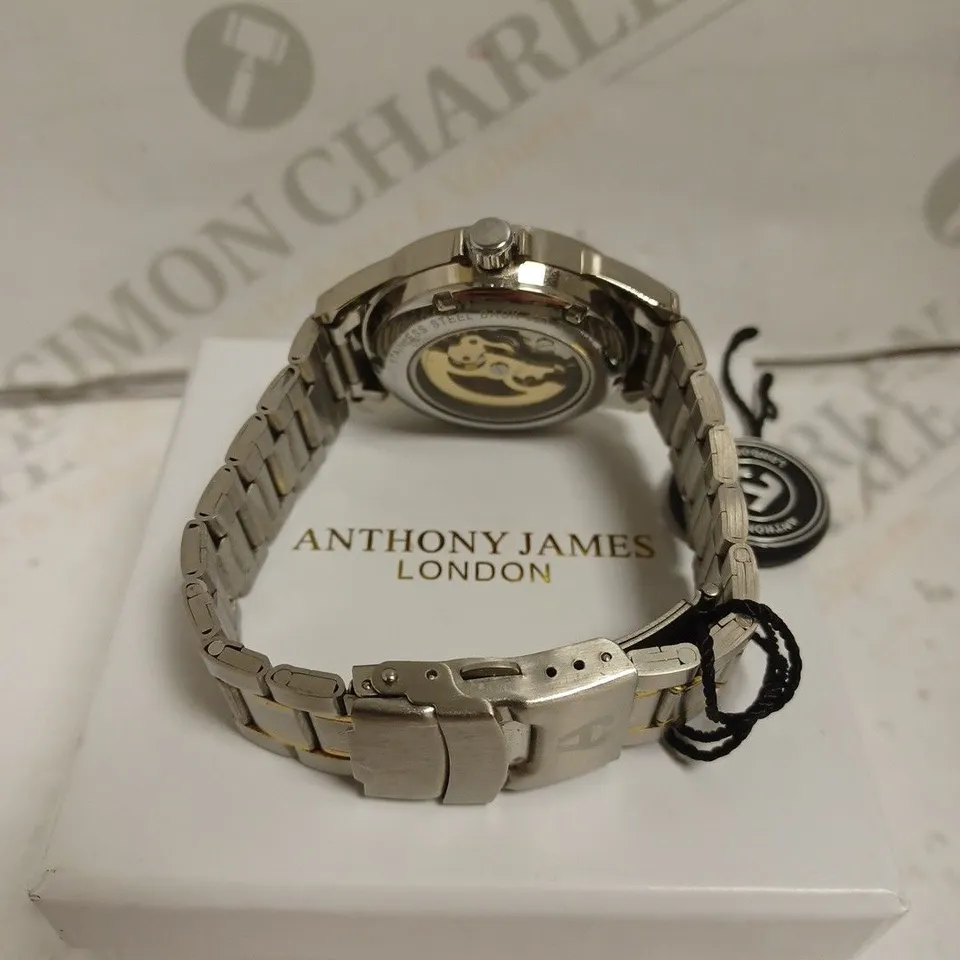 BOXED ANTHONY JAMES WATCH - TWO TONE STAINLESS STEEL - AUTOMATIC - SKELETON FACE - WATER RESISTANT. 