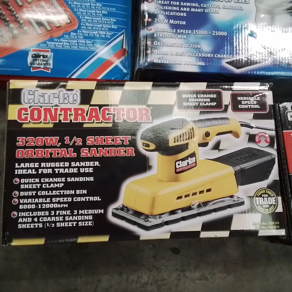 MIXED BOX OF TOOLS AND MACHINERY EQUIPMENT TO INCLUDE: CONTRACTORS HAMMER DRILL, IMPACT WRENCH,  MULTI TOOL, 56PC TORX/STAR SET AND 320W ½ SHEET ORBITAL SANDER 