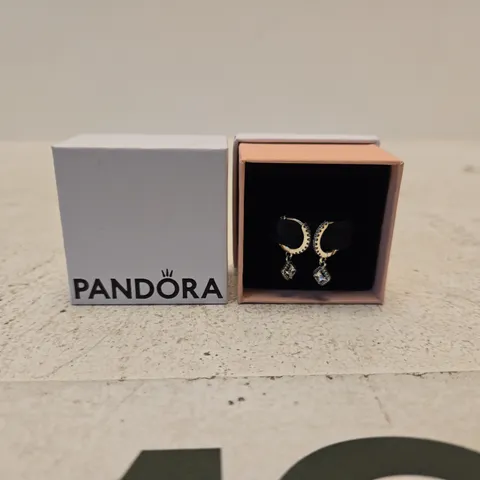 PANDORA SILVER HOOP EARRINGS WITH CRYSTAL CHARMS – BOXED