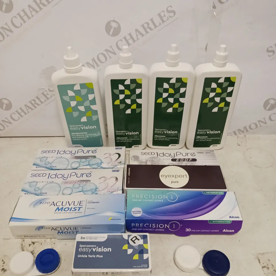 APPROXIMATELY 30 ASSORTED CONTACT LENS PRODUCTS & ACCESSORIES TO INCLUDE SOLUTION, CONTAINERS, LENSES ETC 