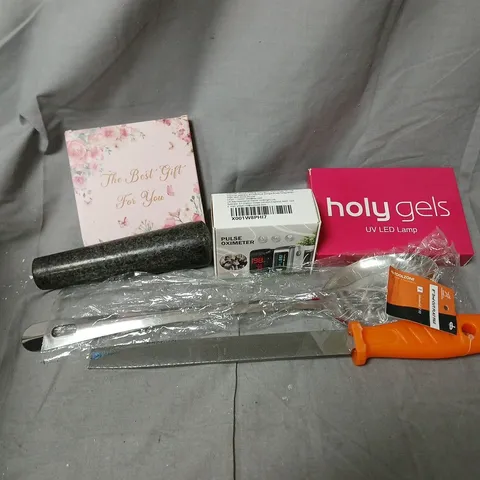 APPROXIMATELY 12 ASSORTED HOUSEHOLD ITEMS TO INCLUDE PULSE OXIMETER, UV LED LAMP, 8" 2ND CUT FLAT TILE, ETC
