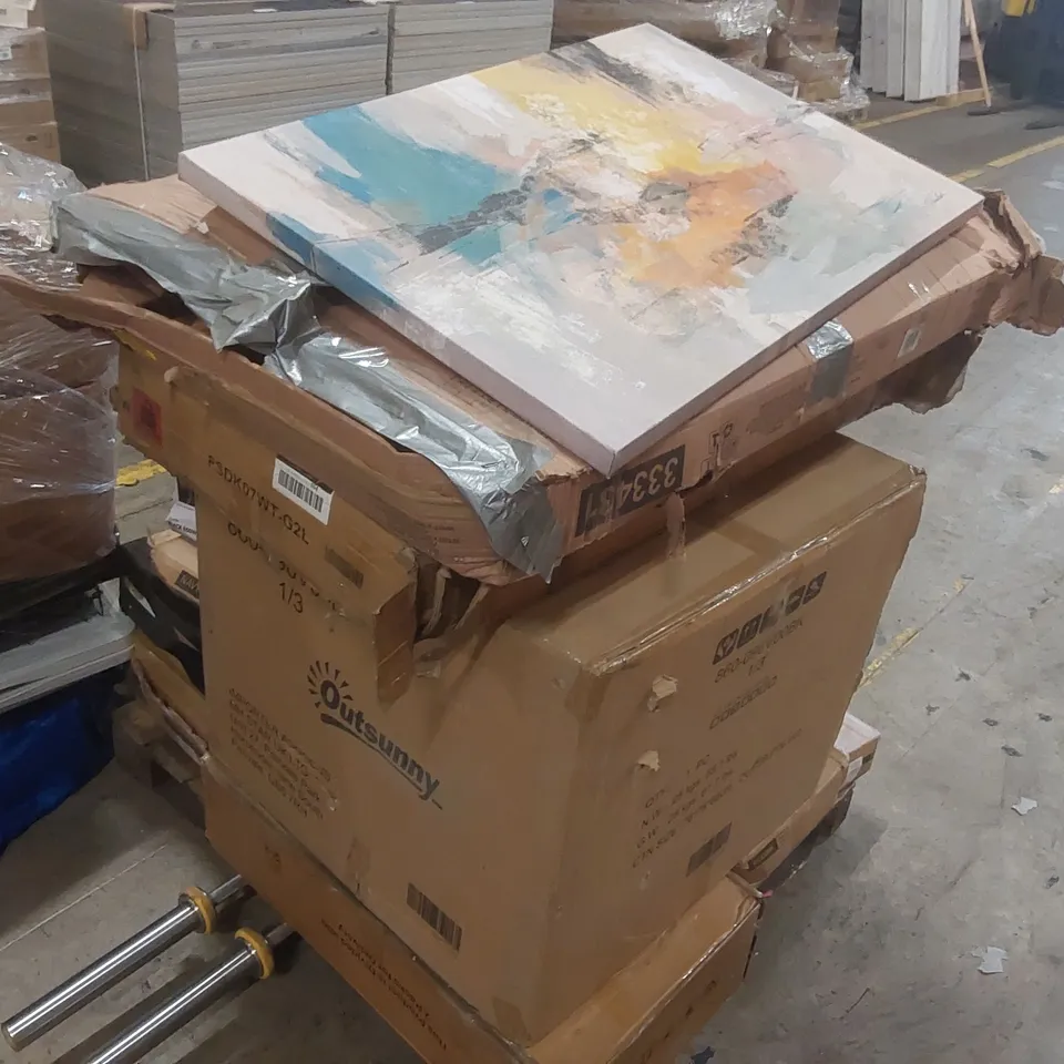 PALLET CONTAINING A LARGE QUANTITY OF ASSORTED ITEMS INCLUDING: FURNITURE PARTS, PAINTING, ELECTRIC HEATER ECT