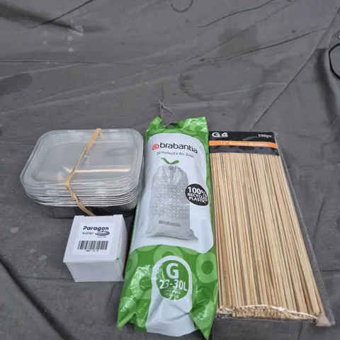 APPROXIMATELY 15 ASSORTED HOUSEHOLD ITEMS TO INCLUDE BAMBOO KEBAB SKEWERS, TAKEAWAY POTS WITH LIDS AND BRABANTIA BIN BAGS
