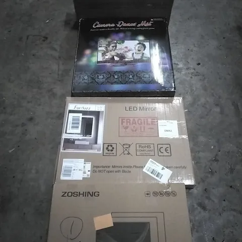 PALLET OF HOUSEHOLD ITEMS TO INCLUDE VIBRATION PLATE, CAMERA DANCE MAT,LED MIRROR ,24" MONITOR AND OTHER ASSORTED ITEMS...
