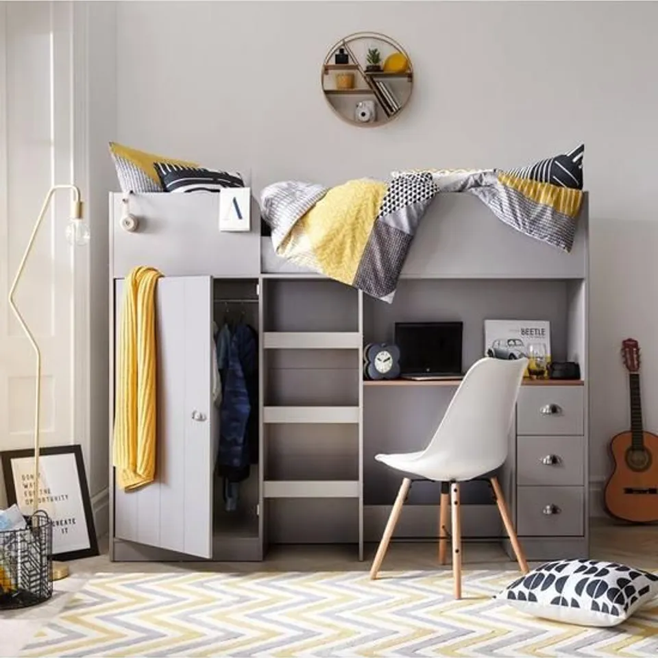 BOXED ATLANTA HIGH SLEEPER WITH DESK, DRAWERS AND WARDROBE (3 BOXES)