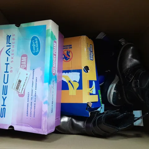 BOX OF APPROXIMATELY 10 ASSORTED PAIRS OF SHOES IN VARIOUS SIZES & STYLES & COLOURS 