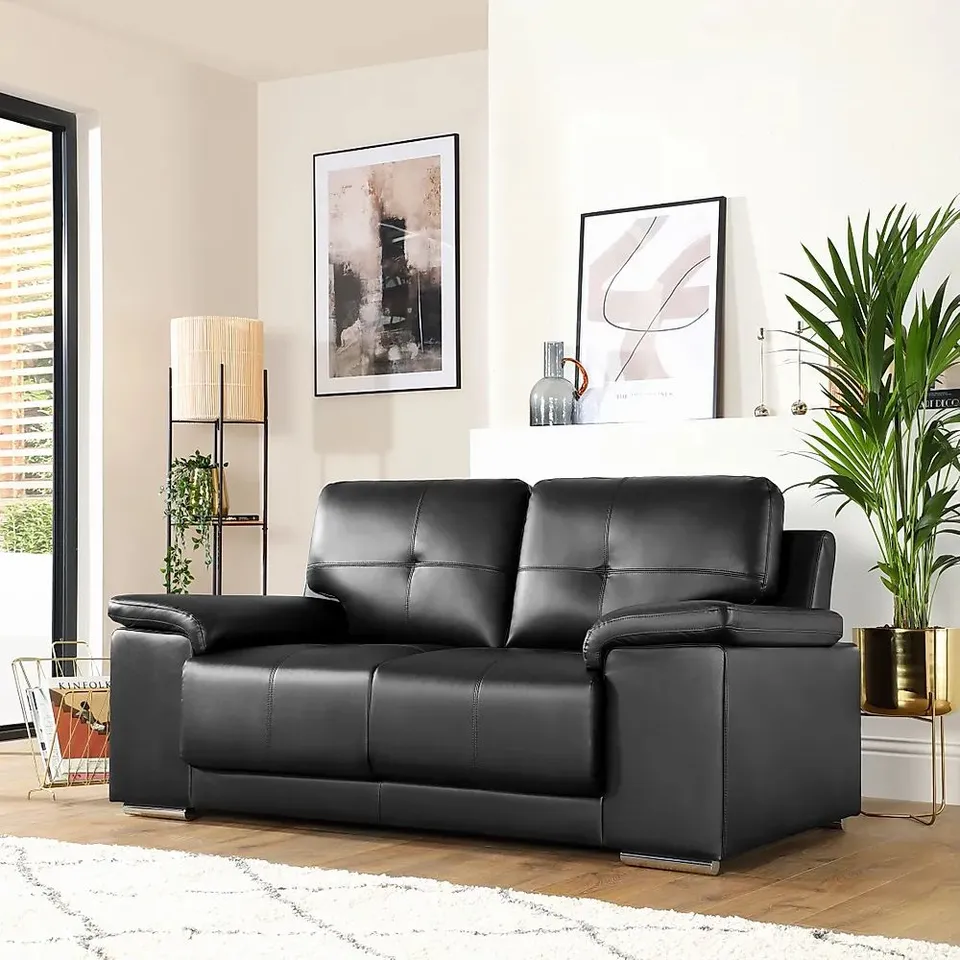 BOXED DESIGNER KANSAS BLACK LEATHER TWO SEATER SOFA 
