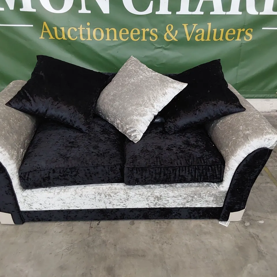 DESIGNER ZULU TWO SEATER SOFA WITH SCATTER CUSHIONS BLACK/ SILVER CRUSHED PLUSH FABRIC