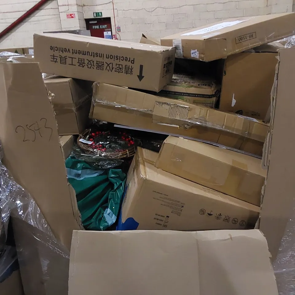 PALLET TO CONTAIN ASSORTED HOUSEHOLD ITEMS AND CONSUMER PRODUCTS. INCLUDING BACKPACK, ELECTRIC UNDER BLANKET, CHRISTMAS DECOR, BOXED FURNITURE ETC