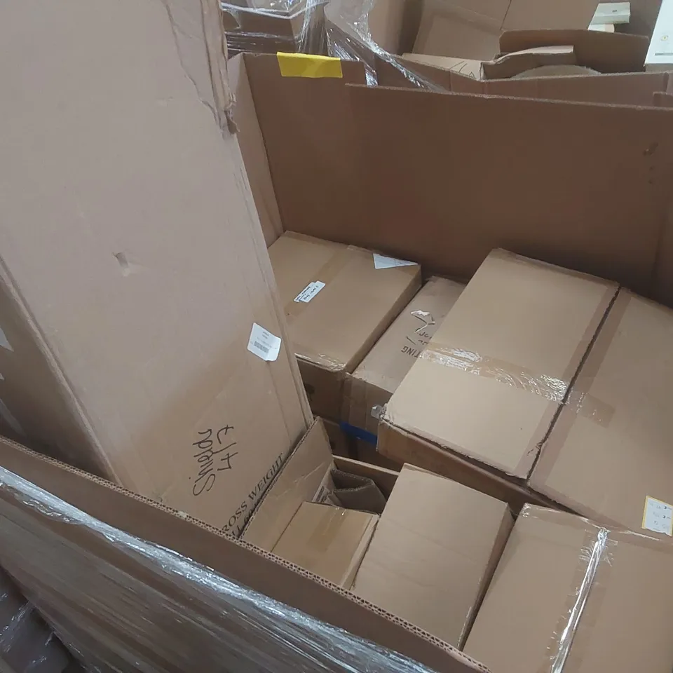 PALLET CONTAINING A VERY LARGE QUANTITY OF ASSORTED DESIGNER LIGHTING PRODUCTS INCLUDING: PENNY FLOOR LAMP, ALEXIS CLUSTER CEILING LIGHT, AMESBURY TABLE LAMP ECT