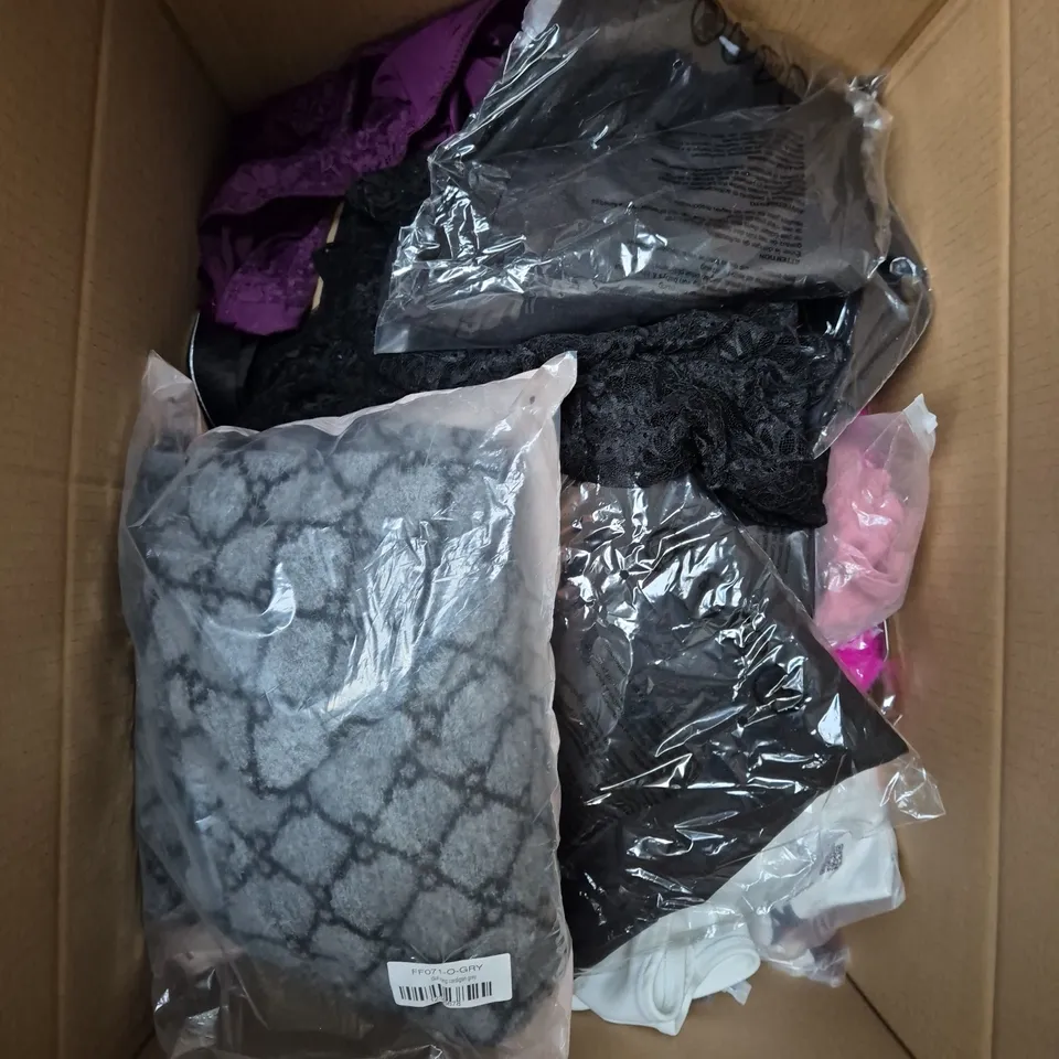 LARGE BOX OF ASSORTED CLOTHING ITEMS IN VARIOUS STYLES, SIZES AND COLOURS