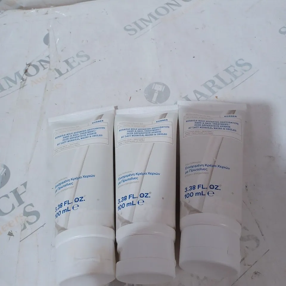 BOXED SET OF 3 X KORRES DONKEY MILK MIRACLE MILK ADVANCED RESTORATIVE HAND & NAIL TREATMENT, 100ML