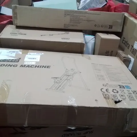 PALLET CONTAINING VARIOUS ASSORTED BOXED HOUSEHOLD ITEMS TO INCLUDE: SUP BOARD, SLIDING EXERCISE MACHINE, EXTRA TALL GATE, DRYWALL SANDER AND LOTS MORE UNMARKED BOXED ITEMS