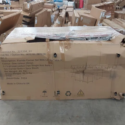 BOXED FLORIDA RATTAN OUTDOOR CORNER SOFA SET // ITEM MISSING TABLE, ONE BOX ONLY. OTHER PARTS MAY BE MISSING (1 BOX)