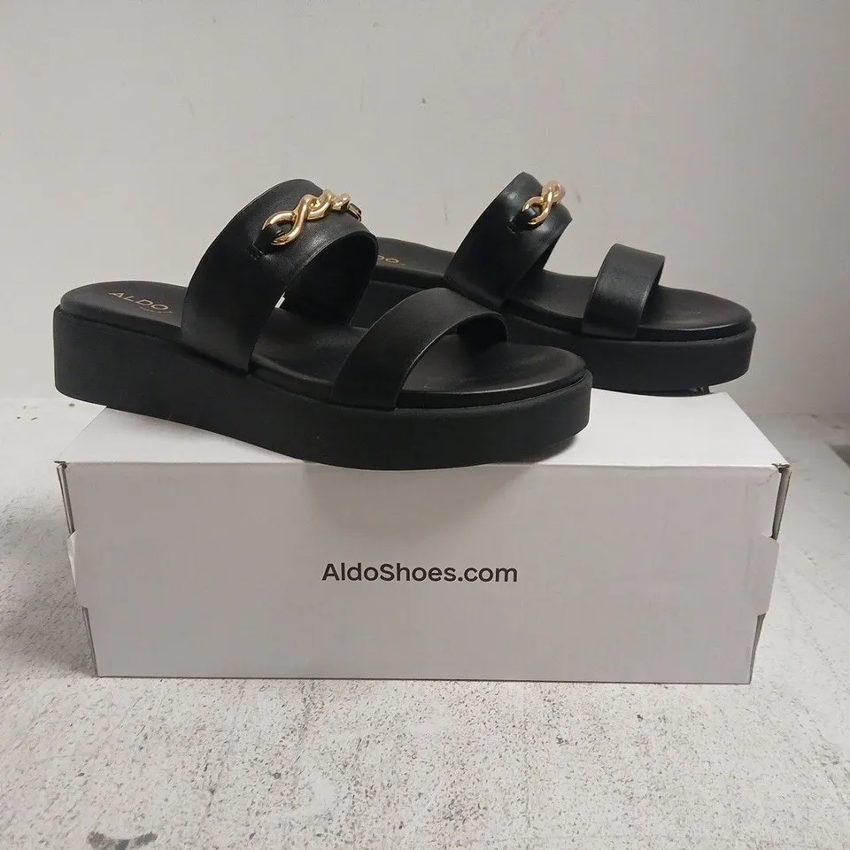 BOXED PAIR OF ALDO OPEN TOE LOW WEDGE SANDALS IN BLACK SIZE UK 7