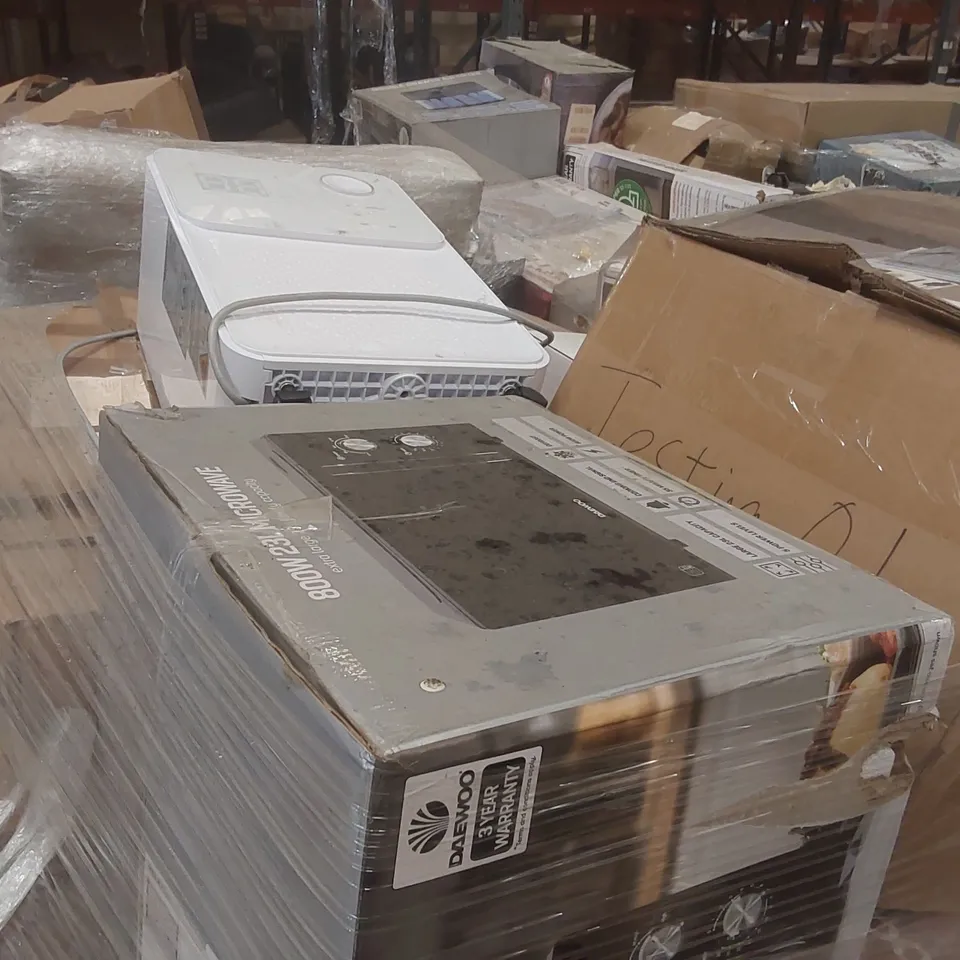 PALLET CONTAINING A VERY LARGE QUANTITY OF ASSORTED ELECTRIC ITEMS INCLUDING: DAEWOO 23L 800W DIGITAL MICROWAVE, CONVECTOR HEATERS, HALOGEN HEATERS ECT