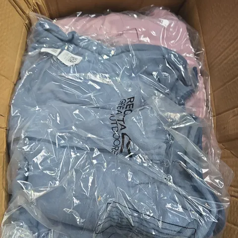 LARGE BOX OF APPROX 10 ASSORTED CLOTHING ITEMS IN VARIOUS STYLES , SIZES AND COLORS