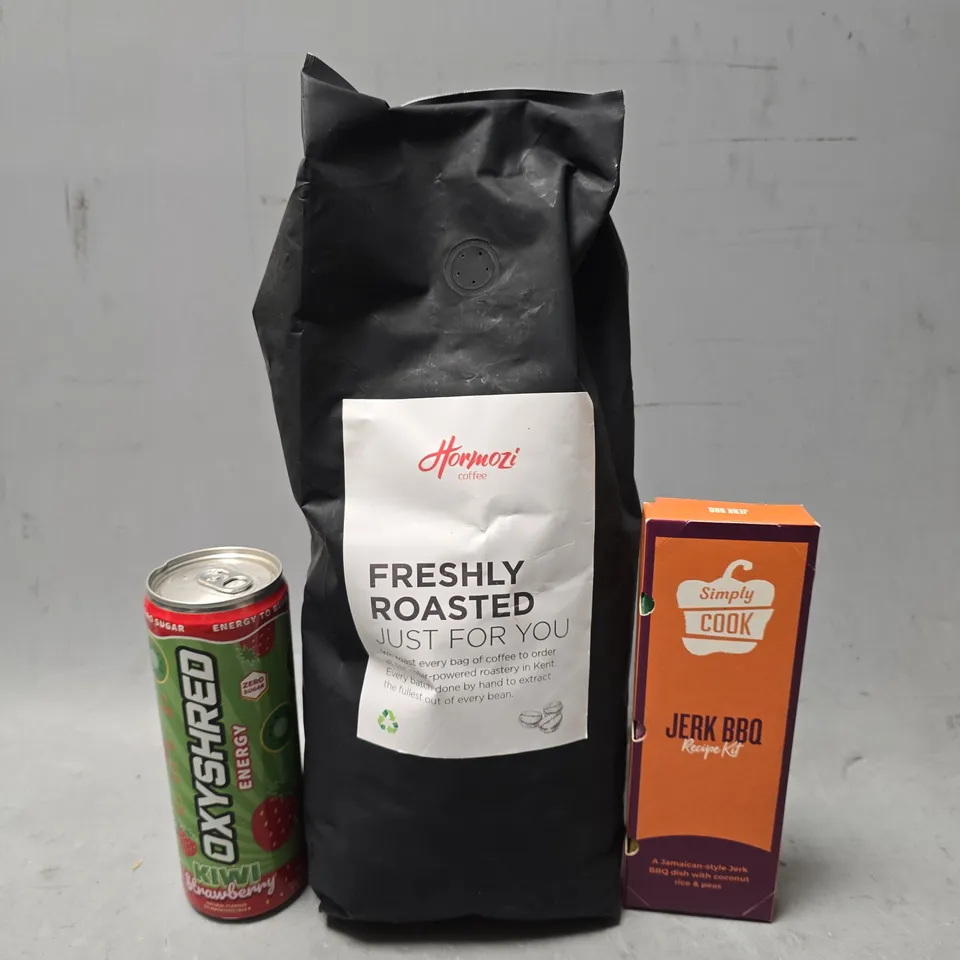 APPROXIMATELY 12 ASSORTED FOOD & DRINK ITEMS TO INCLUDE - OXYSHRED ENERGY , HORMOZI FRESHLY ROASTED COFFEE , SIMPLY COOK JERK BBQ ETC