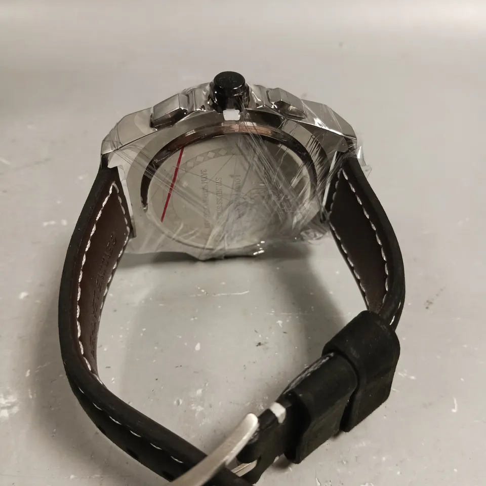 MENS LOUIS LACOMBE CHRONOGRAPH WATCH BLACK DIAL LEATHER STRAP