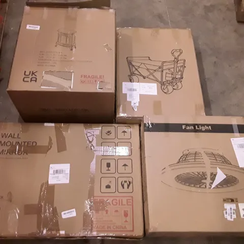 PALLET OF ASSORTED PRODUCTS INCLUDING FIREPLACE, FOLDING WAGON, FAN LIGHT, WALL MOUNTED MIRROR, UNDRSINK REVERSE OSMOSIS SYSTEM