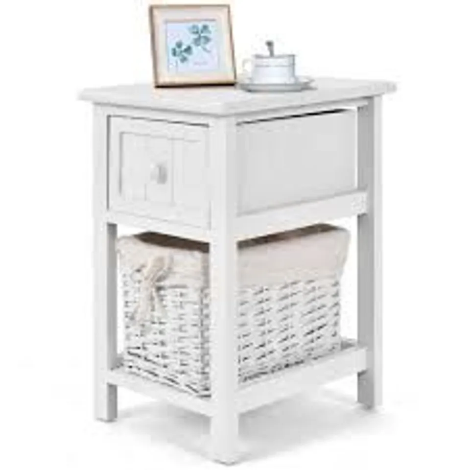 BOXED COSTWAY SINGLE DRAWER SINGLE SHELF WHITE WOOD SIDE TABLE WITH BASKET