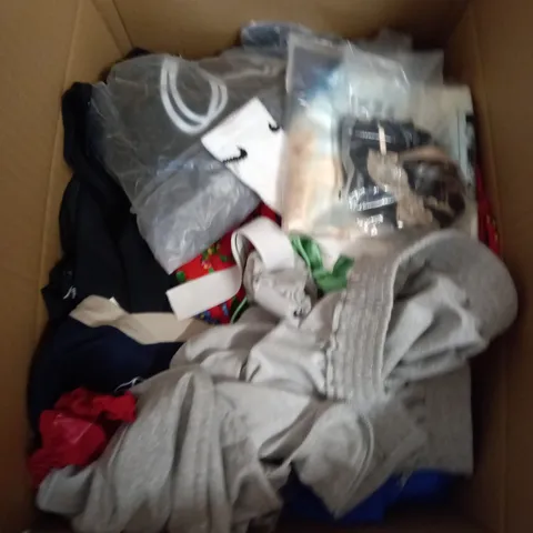 BOX OF ASSORTED CLOTHING ITEMS TOO INCLUDE DRESSES , SHIRTS AND TROUSERS IN VARIOUS SIZES AND COLOURS