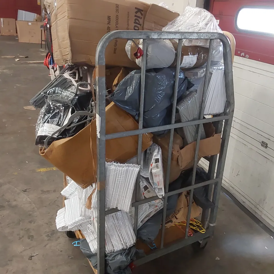 CAGE CONTAINING A LARGE ASSORTMENT OF COAT HANGERS AND OTHER CONSUMER PRODUCTS ECT // CAGE NOT INCLUDED 