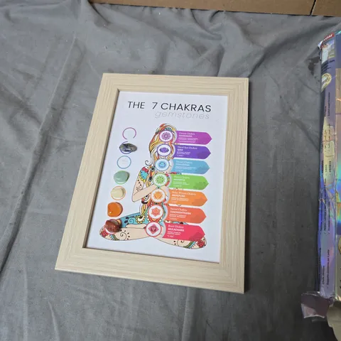 BOX OF ASSORTED HOUSEHOLD ITEMS INCLUDING THE 7 CHAKRAS GEMSTONE FRAMED PRINT – POSTER WITH SANKOM VEST PACKAGING