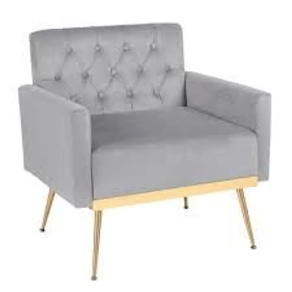 BOXED MODERN VELVET ACCENT CHAIR WITH BUTTON TUFTED BACK - GREY