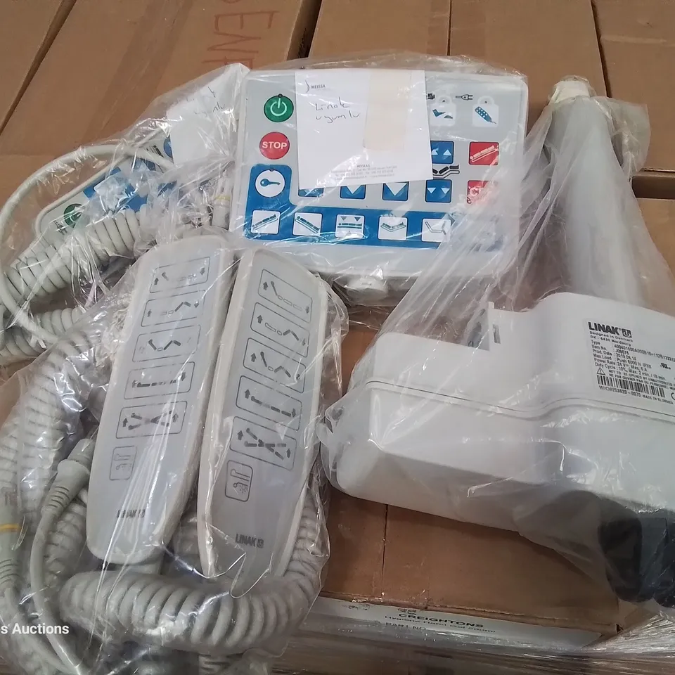 PALLET CONTAINING 5 CASES OF PLASTIC DOUBLE HANGING HOOKS & BOX ASSORTED BED HAND CONTROLS