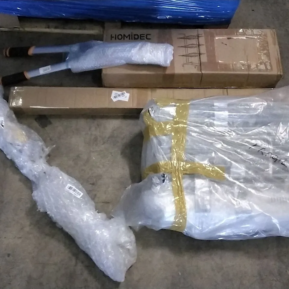 PALLET OF ASSORTED ITEMS INCLUDING HOMIDEC DRYING RACK, GARDEN SHEARS, POGO STICK, RADIATOR, METAL BIN