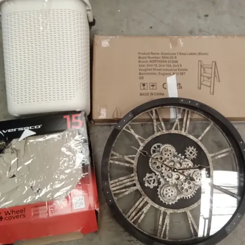 PALLET OF ASSORTED ITEMS INCLUDING ALUMINIUM 3 STEP LADDER, WALL CLOAK, 4 WHHEL COVERS, RATTAN EFFECT LAUNDRY HAMPER, BED RAIL GUARD, NAVARIS ARCHED WALL MIRROR