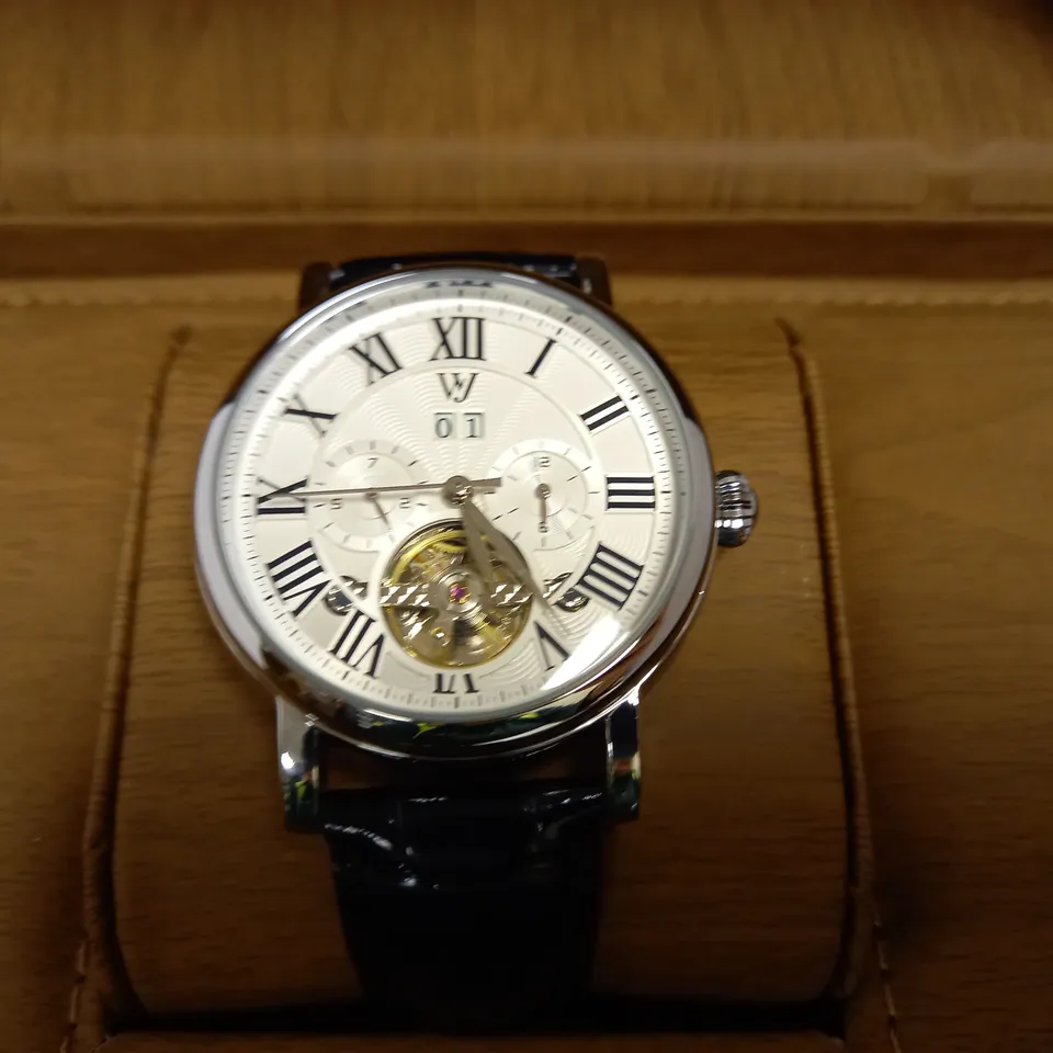 WILLIAM JOURDAIN PART SKELETON WAVE DIAL LEATHER STRAP WATCH