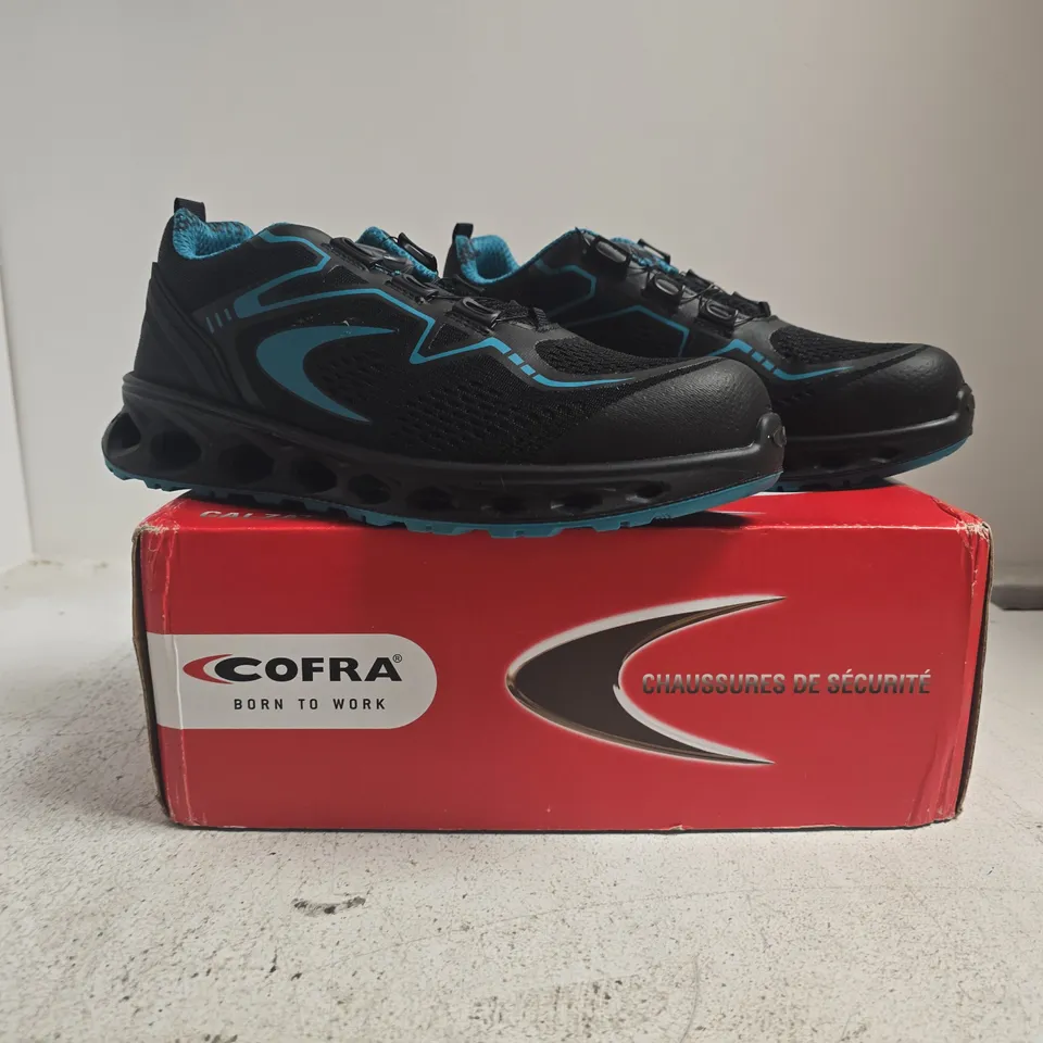 BOXED PAIR OF COFRA SAFETY TRAINERS IN BLACK/TEAL SIZE UK 6.5