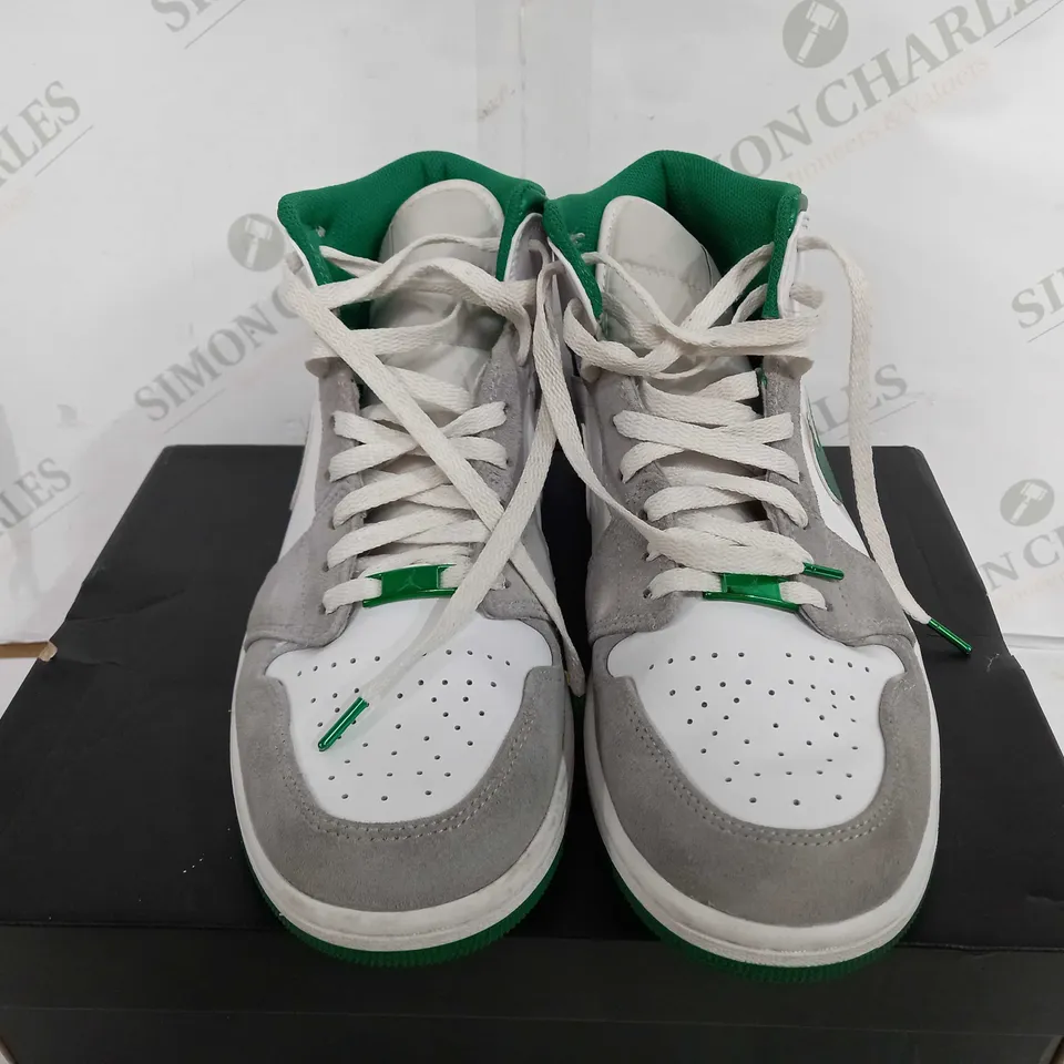BOXED PAIR OF AIR JORDAN MID SE - WHITE/PINE GREEN/GREY - UK 9