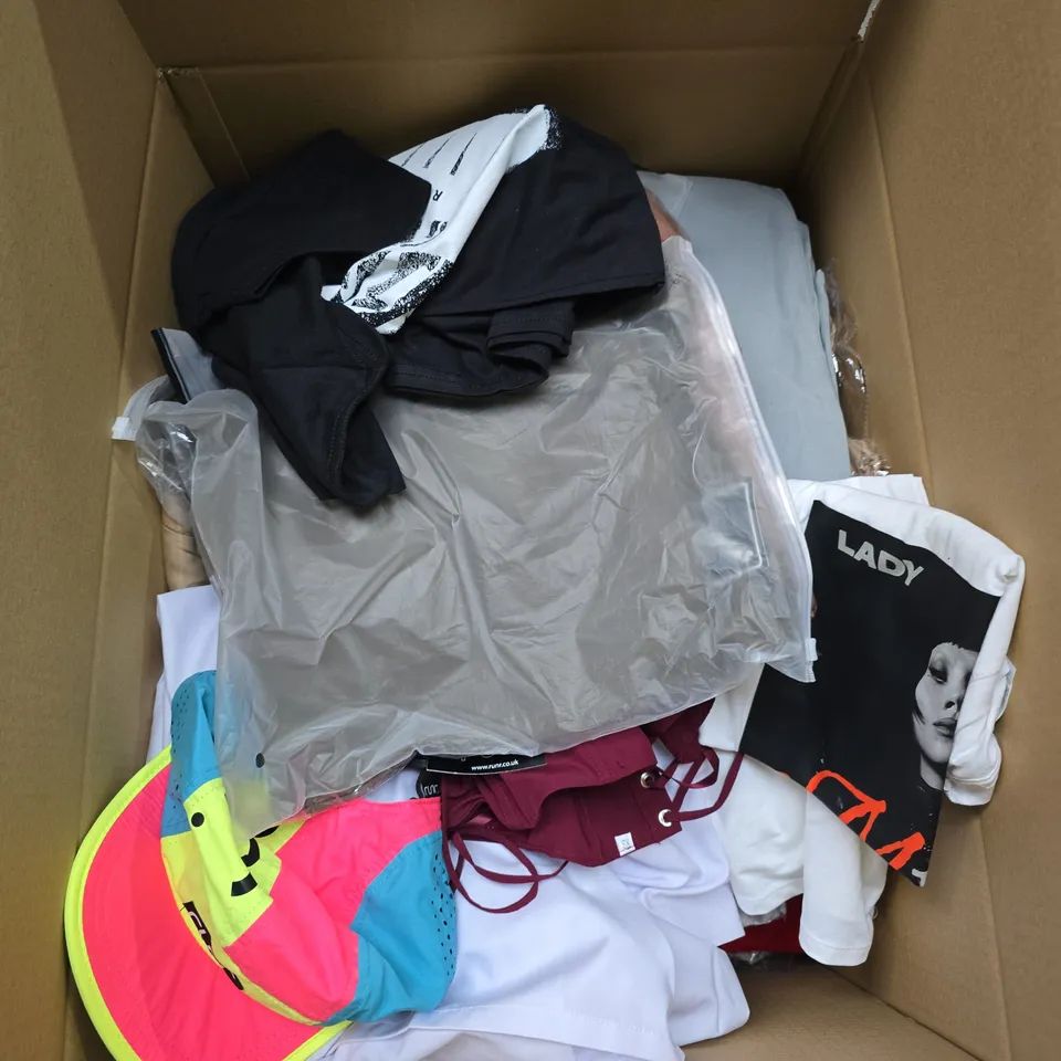 BOX OF APPROXIMATLEY 25 CLOTHING ITEMS INCLUDING:THREADBARE PURPLE FLEECE, HUSH PINK JUMPER AND ELISA IMMAGINE COLLEZIONE WOMENS GREY PANTS