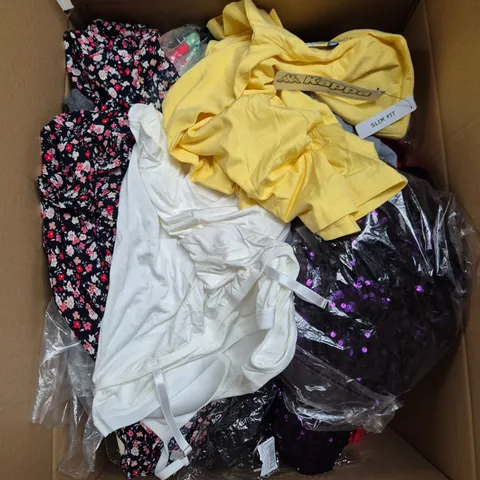 LARGE BOX OF APPROXIMATELY 25 ASSORTED CLOTHING ITEMS IN VARIOUS COLOURS, STYLES AND SIZES - COLLECTION ONLY