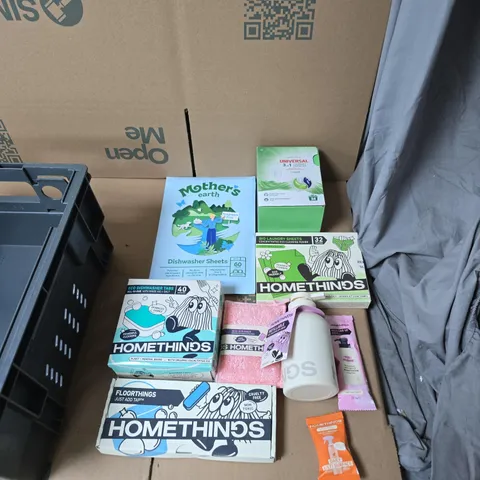 TOTE OF APPROXIMATELY 8 ASSORTED HOUSEHOLD CLEANING ITEMS TO INCLUDE: HOMETHINGS ECO DISHWASHER TABS 