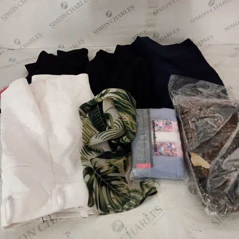 BOX OF ASSORTED CLOTHING ITEMS TOO INCLUDE DRESSES , SHIRTS AND TROUSERS IN VARIOUS SIZES AND COLOURS