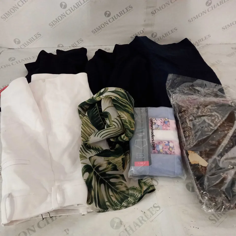  BOX OF ASSORTED CLOTHING ITEMS TOO INCLUDE DRESSES , SHIRTS AND TROUSERS IN VARIOUS SIZES AND COLOURS   