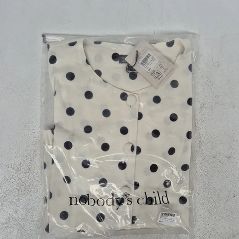 BAGGED NOBODY'S CHILD RONNE FRILL BUTTON THROUGH TOP IN CREAM W. BLACK SPOTS SIZE UK 12