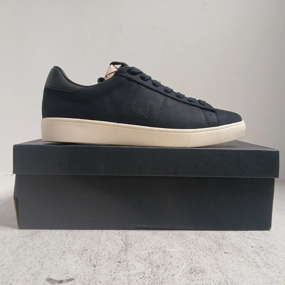 BOXED PAIR OF FRED PERRY SHOES IN NAVY SIZE UK 8