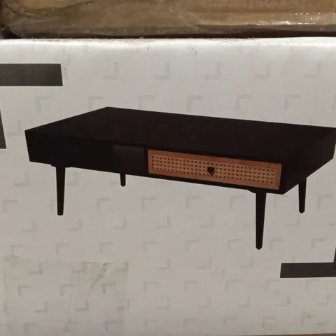 BOXED LEONA COFFEE TABLE - BLACK & RATTAN