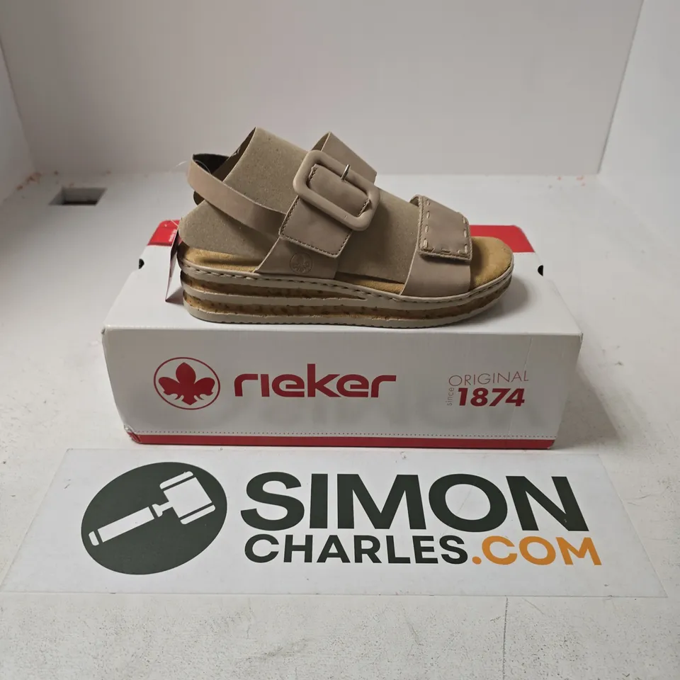 BOXED PAIR OF RIEKER 62950-62 WOMENS BUCKLE WEDGE SANDALS IN BEIGE - UK 3.5