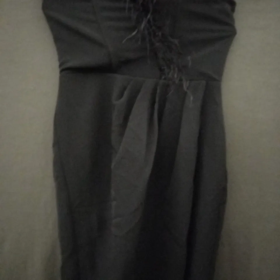 CLUB L BANDEAU THIGH SPLIT MAXI DRESS WITH FEATHER TRIM IN BLACK - UK 14